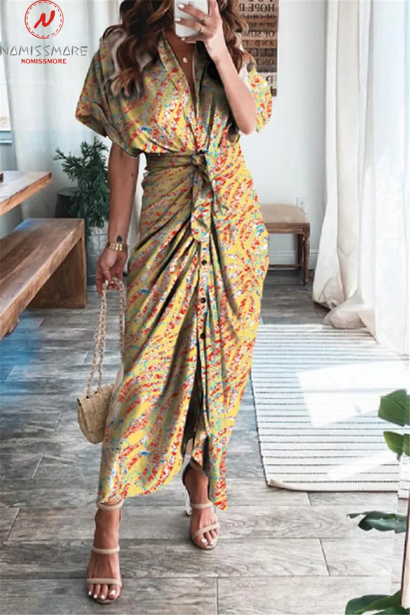 

Women Summer Print Pencil Dress Single-Breasted Shrinkage Design Bandage Decor Turn-down Collar Short Sleeve Slim Cardigan Dress