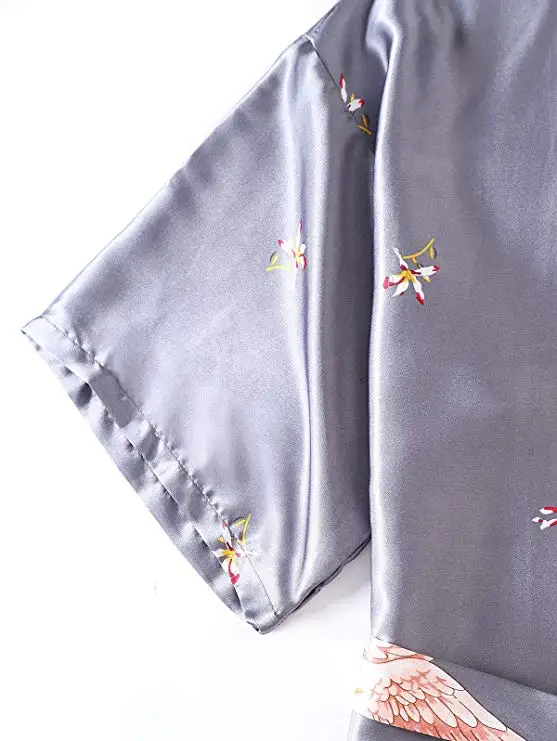 

Gray satin Long Bathrobe Women Wedding Bride Bridesmaid Robe Nightgown Sleepwear Print Crane Kimono Size S M L XL XXL XXXL