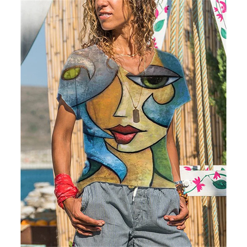 

Summer Short Sleeve T Shirt Women 2021 Portrait 3D Printed V-Neck Casual Streetwear Vintage Female Top Mujer Camisetas SJ7957V