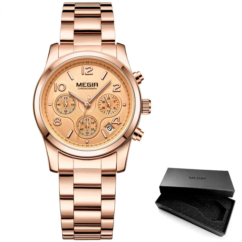 M2057L-Gold Megir женские часы с хронографом, кварцевые часы для женщин, Лидирующий бренд, роскошные часы из розового золота, наручные часы Relogio Feminino часы женские 2057 - Цвет: M2057L-Gold