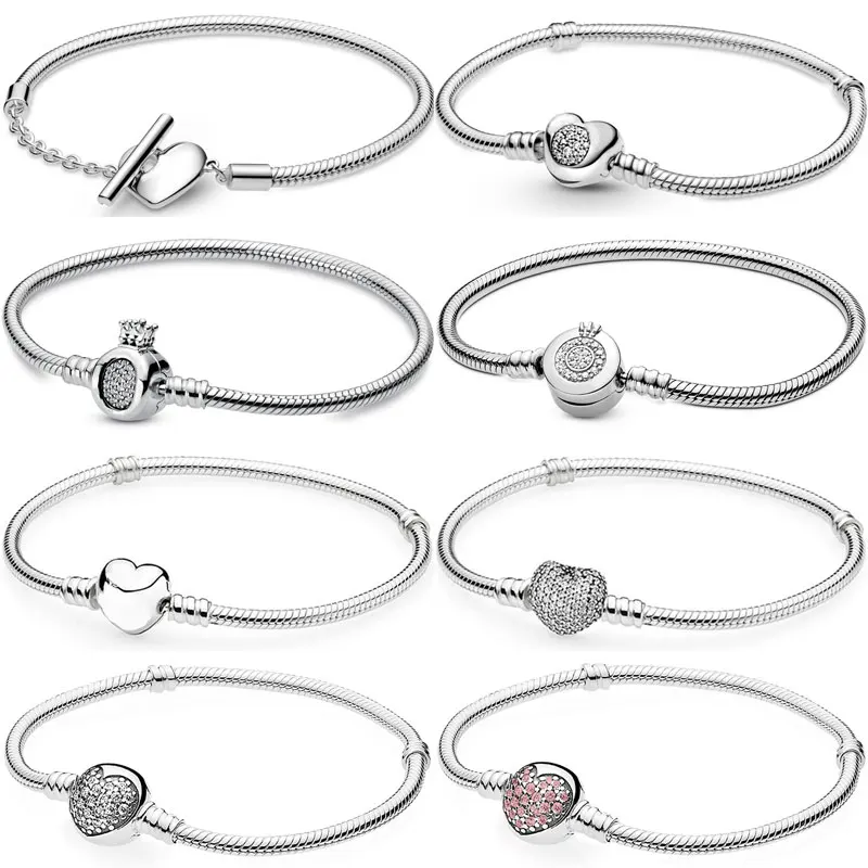 

Moments Pave Heart T-BAR Sparkling Crown O Snake Chain Bracelet Fit pandora 925 Sterling Silver Bangle Bead Charm DIY Jewelry