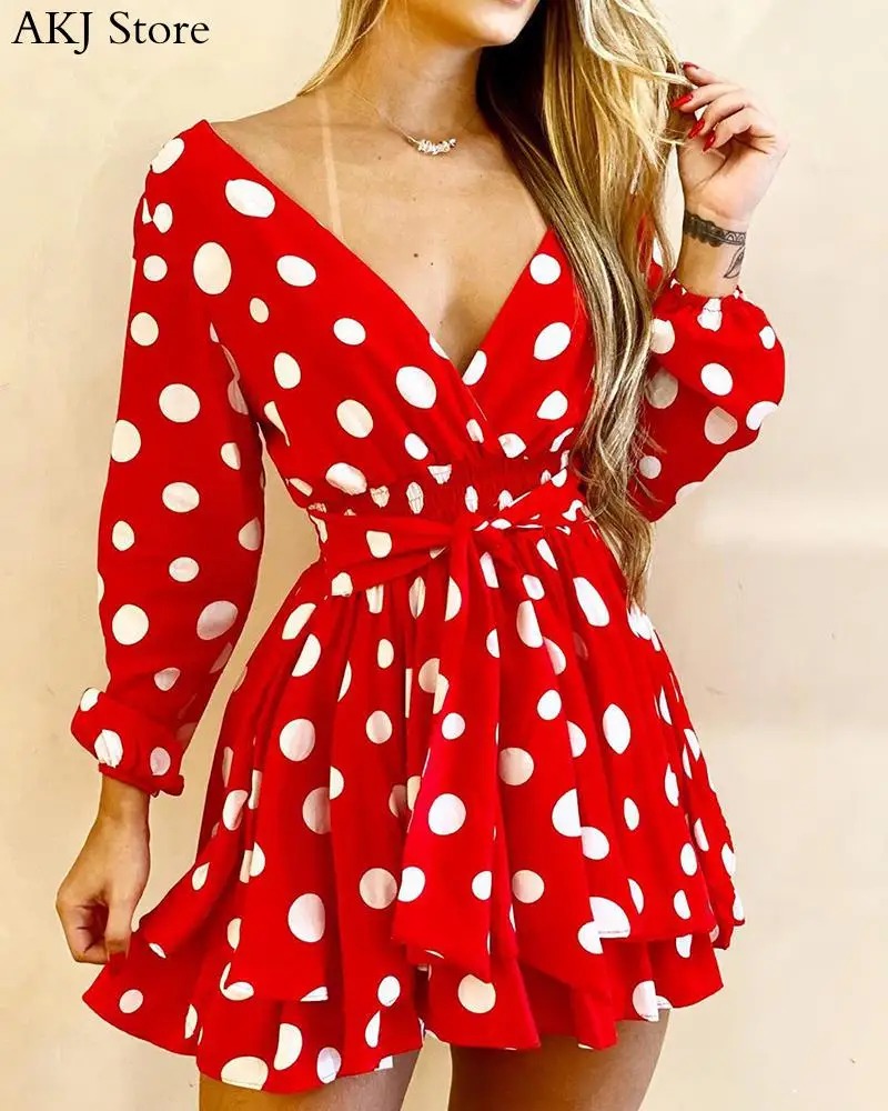 

Women Sexy V-Neck Polka Dot Casual Long Sleeve Dress Elegant Autumn Dress