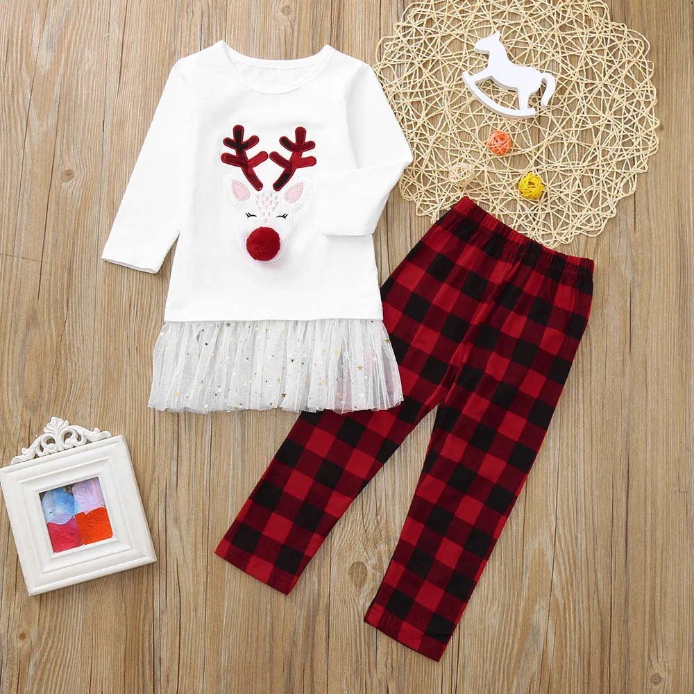 Футболка с оленем для маленьких девочек топы + клетчатые штаны комплект одежды на