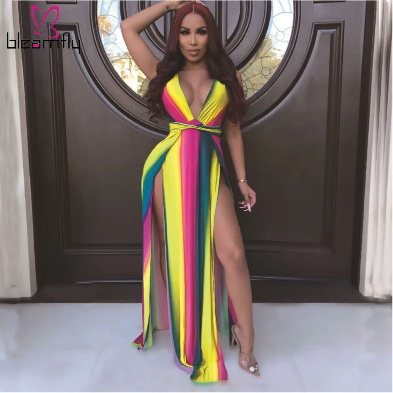 Радужное Сексуальное Платье макси с разрезом и принтом женская одежда для