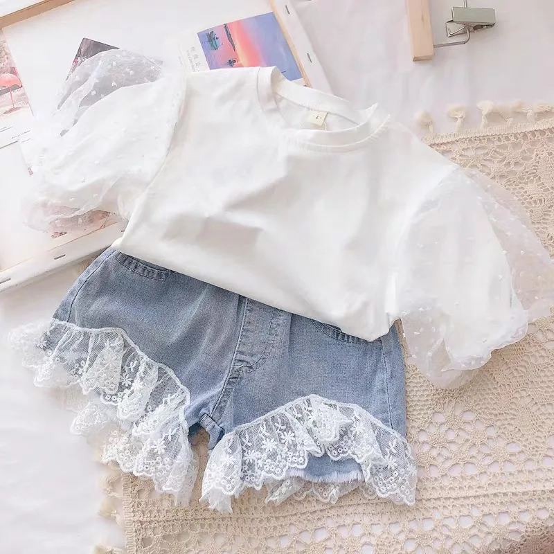 

Kids Girls Clothing Sets Summer New Style Brand Baby Girls Children Clothes Suits Lace Sleeve T-Shirt+Denim Lace Short Pant 2Pcs