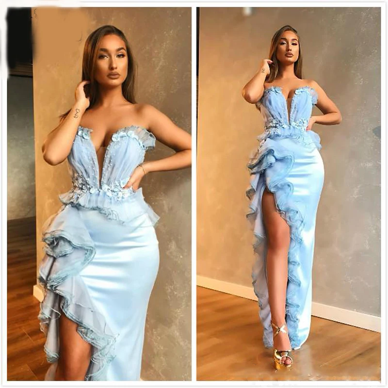 2020 арабское платье Aso Ebi небесно-голубого цвета кружевное с бисером и оборками