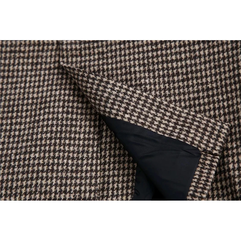 

Merodi Women Autumn Casual Houndstooth Print Za Coffee Color Blazers Outwear Feamale Fashion Double Pockets Plaid Long Jackets