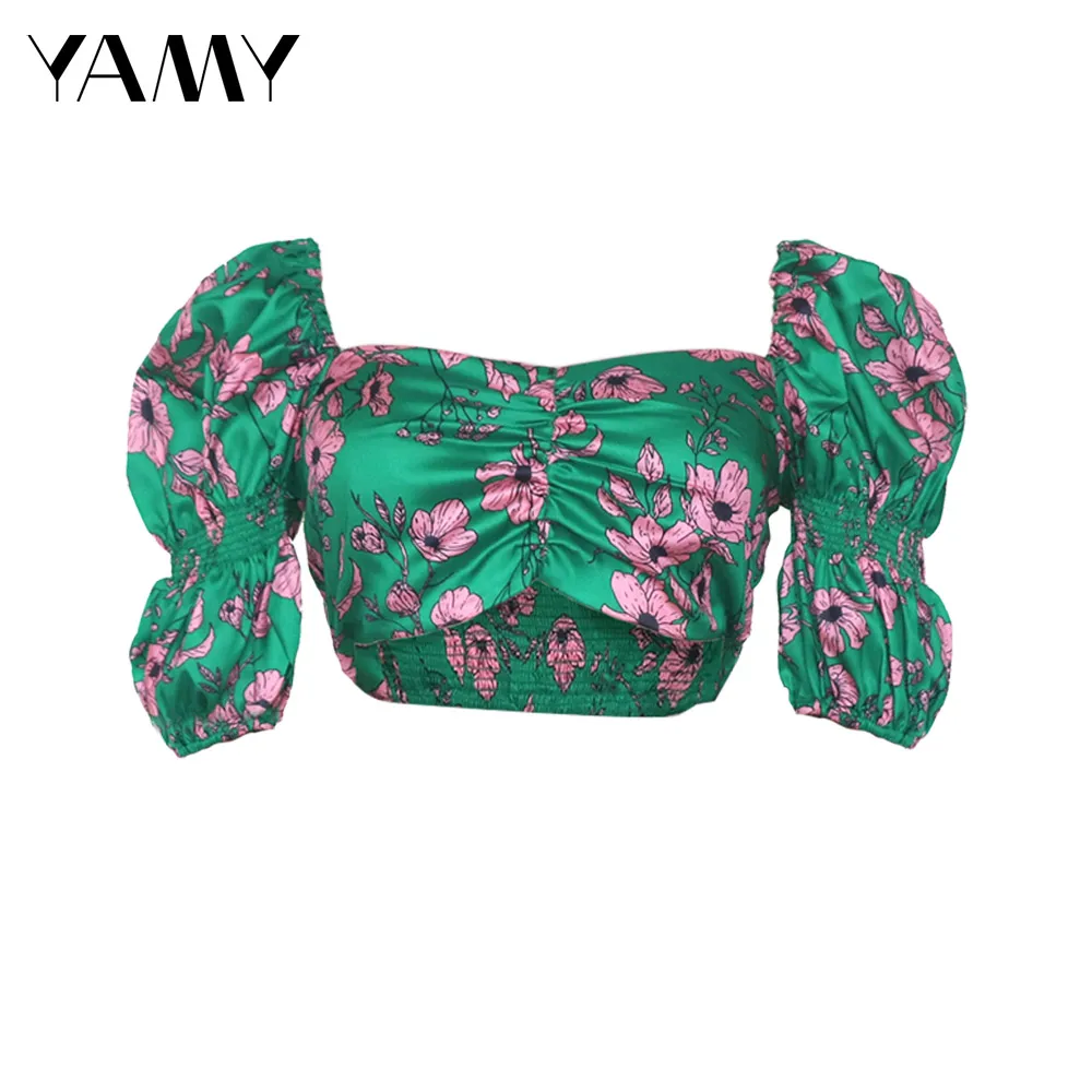 Женская блузка с коротким рукавом зеленая V образным вырезом и цветочным принтом