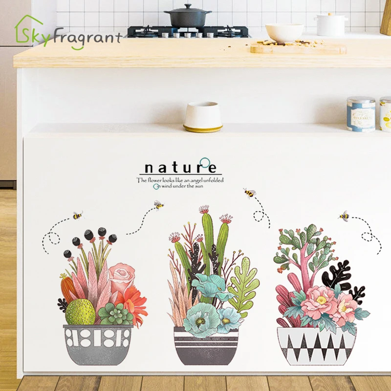 

Fresh Plant Flower Potted Wall Stickers Home Decorations Living Room Bedroom Background Wall Decoration Self Adhesive Stickers