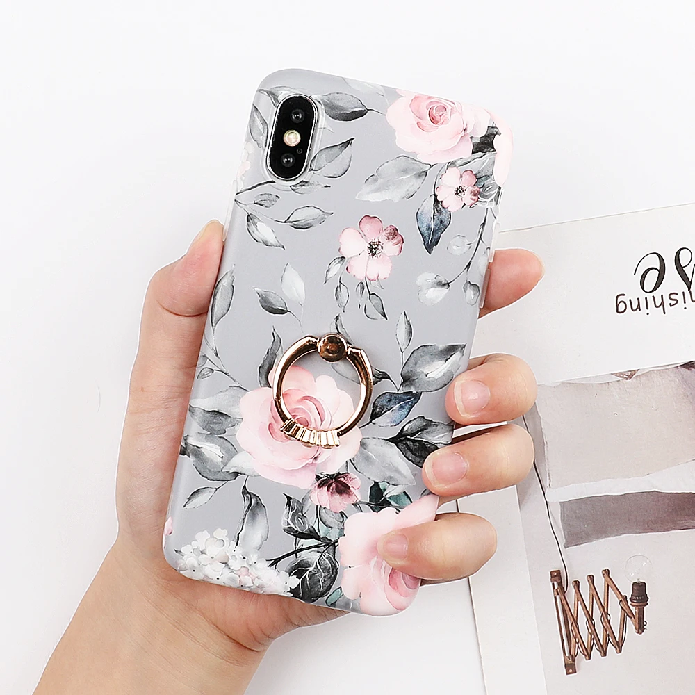With Finger Ring Красивые чехлы для телефонов с изображением цветов LOVECOM для iPhone 11 Pro Max XS Max XR XS X 6 6S 7 8 Plus, мягкая задняя крышка IMD, подарок для влюбленных - Цвет: With Finger Ring