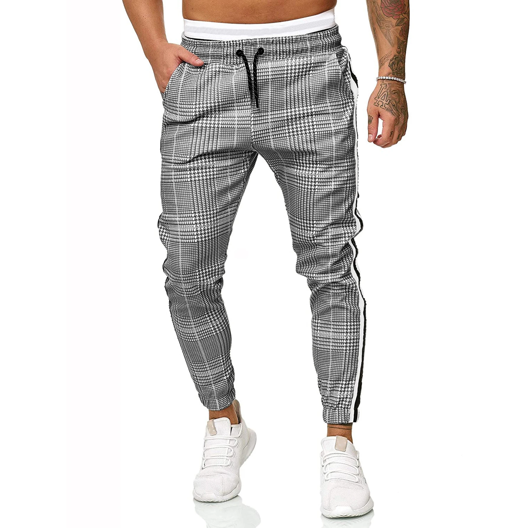 

2021 European Code Sweatpants Men's Slim Webbing Plaid Printed Tether Belt Casual Drawstring Pants Men's Harem Pants