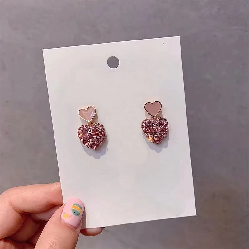 

New Korean Elegant Double Pink Love Heart Shiny Rhinestone Dangle Earrings For Women Girl Cute Jewelry