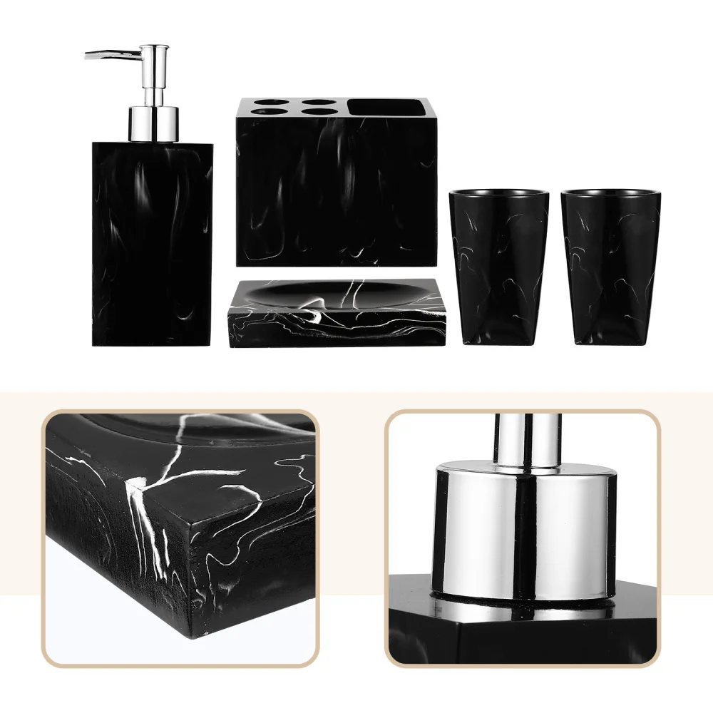 

5Pcs Marbling Toothbrush Rack Mouthwash Cup Soap Plate Bathroom Supplies (Black)