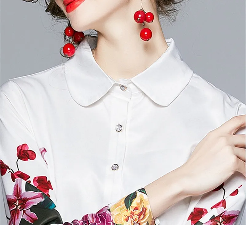 

2021 spring summer 2 Piece Outfit Set Fashion women Print turn down collar long sleeve shirt tops + flower print skirts