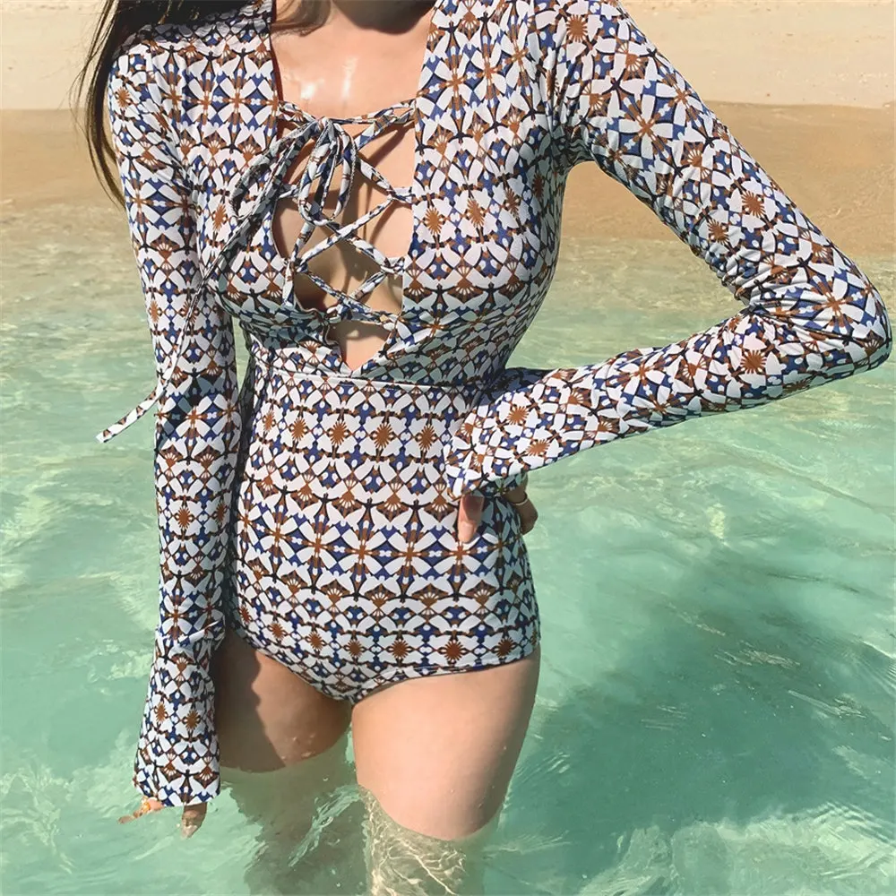 Женский Цельный купальник с длинным рукавом принтом сексуальный бандажный