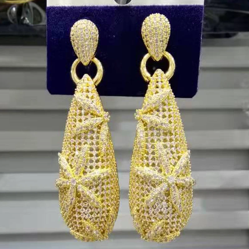 Gold GODKI, роскошные нигерийские длинные висячие серьги для женщин, кубический циркон, Кристалл CZ, африканские свадебные серьги, aretes de mujer medinos - Окраска металла: Gold