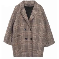 2021 new chic plaid woolen women jacket elegant office lady pockets work coat ladies loose double breasted outerwear tops