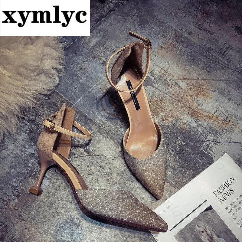 

Women Spring Pointed Toe Sequins Thin Heels Buckle Strap Pumps Woman Bling Fashion Cover Heels Single Shoes Ladies Footwear