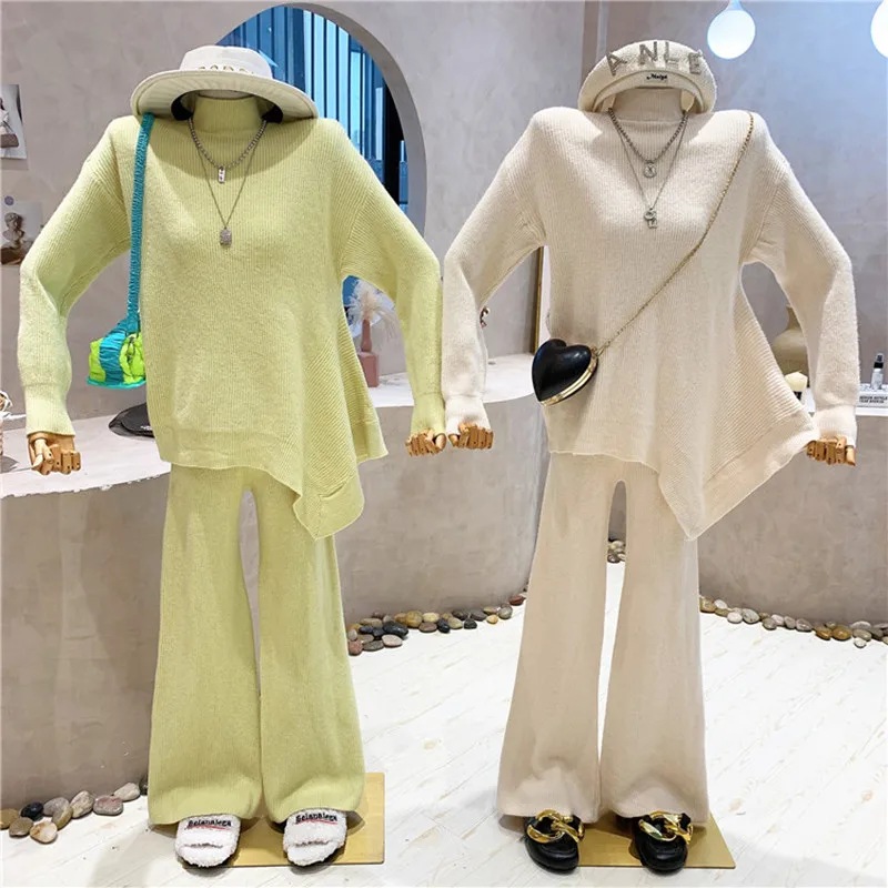 

Niche Design New Women's Clothing 2021 Winter Loose Irregular Knitted Sweater + High Waist Wide Leg Casual Pants two-piece Set