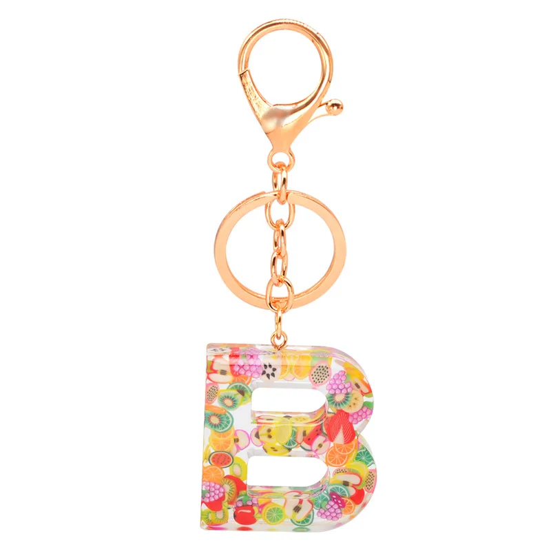 

2021 Cute Acrylic Fruits Letter Keychains Alphabet Crystal Women Key Chains 26 English Letter Ring Car Bag Tassels Pendent Gift