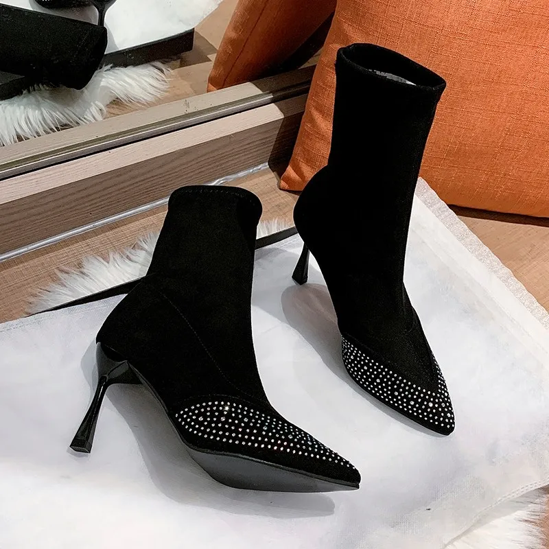 Women Boots Corduroy Butterfly-knot Boots Sexy High Heels Party Shoes Winter plus velvet Keep Warm Female Boots zapatos de mujer