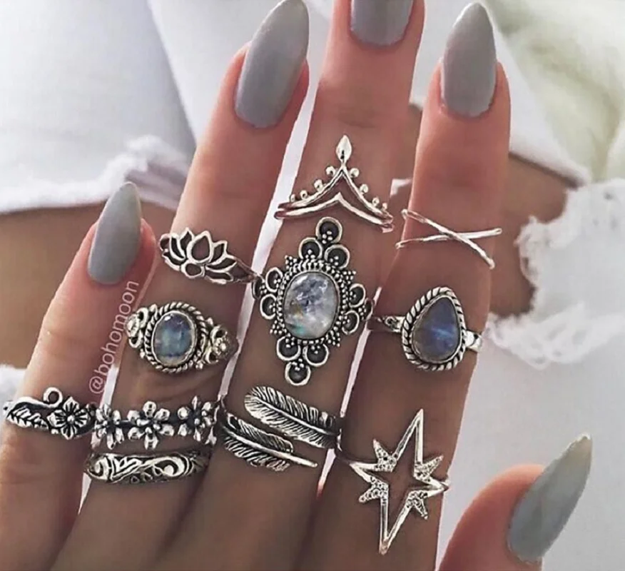 

Bohemian retro crystal flower elephant hollow lotus stone ring set carved flower leaf Star Crystal Gem lady ring