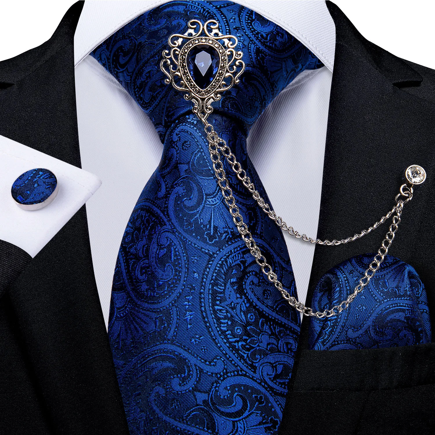 

Blue Men's Paisley Silk Ties Pocket Square Cufflinks Luxruy Brooch Business Wedding Necktie Gift Set For Men DiBanGu