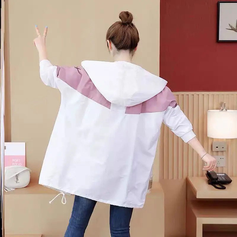 

Spring Autumn Women Jacket Student Casual Mid-length Overcoat Hooded Zipper Loose Wild Windbreaker Outwear Plus Size Coat W1134