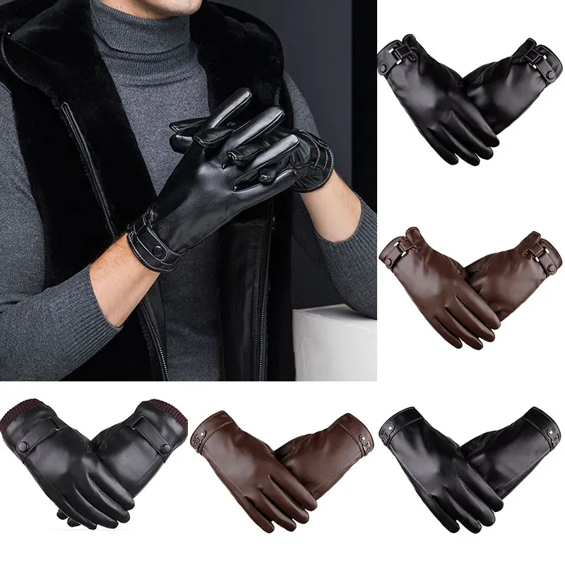 

Driving Gloves Outdoor Warm Mittens Anti-slip Waterproof Touch Screen Full Finger Men Faux Leather Gloves Thick Velvet