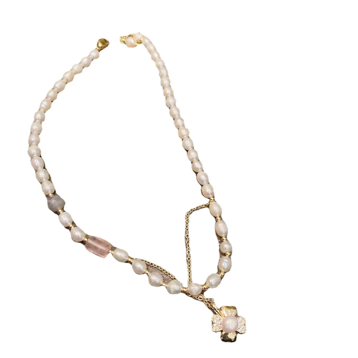 

version of women's luxury flower micro-inlaid zircon necklace clover four-leaf clover temperament metal pearl necklace