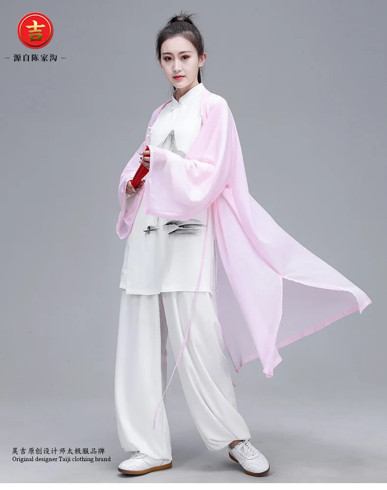 Женский Hanfu Taiji наборы одежды костюм Тан кунг-фу изысканный элегантный тай-чи из трех предметов одежды боевых искусств шаль чернильная живопись