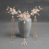 golden pink flower hair sticks earrings chinese style comb girls bride wedding hair accessories