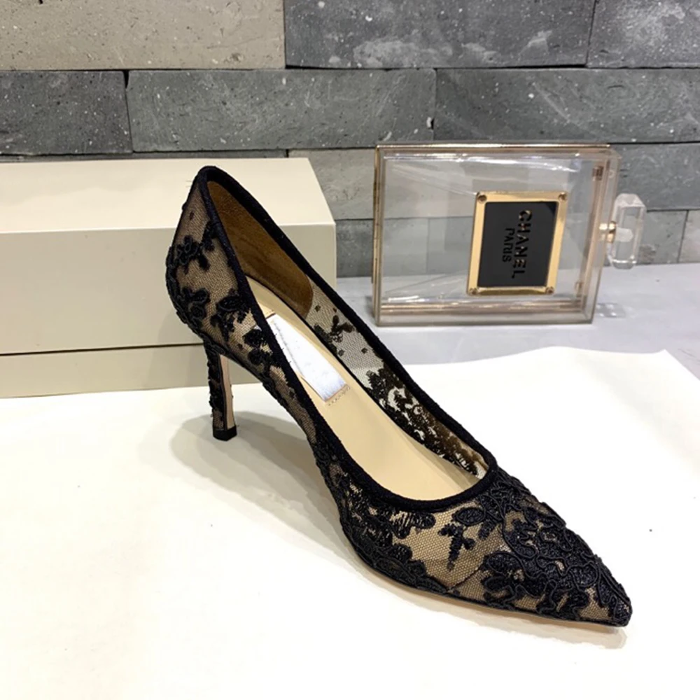 

2020 Summer Classic Women's Shoes Fashion Single Shoes Pointed Lace Lace Breathable High Heels Pumps Brand Women's Pumps 33-42