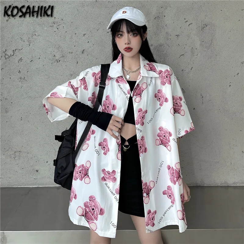 

KOSAHIKI Harajuku с коротким рукавом рубашка для женщин в Корейском стиле, в Корейском стиле; Сезон лето блузки Ins рисунок с милым медведем для студе...