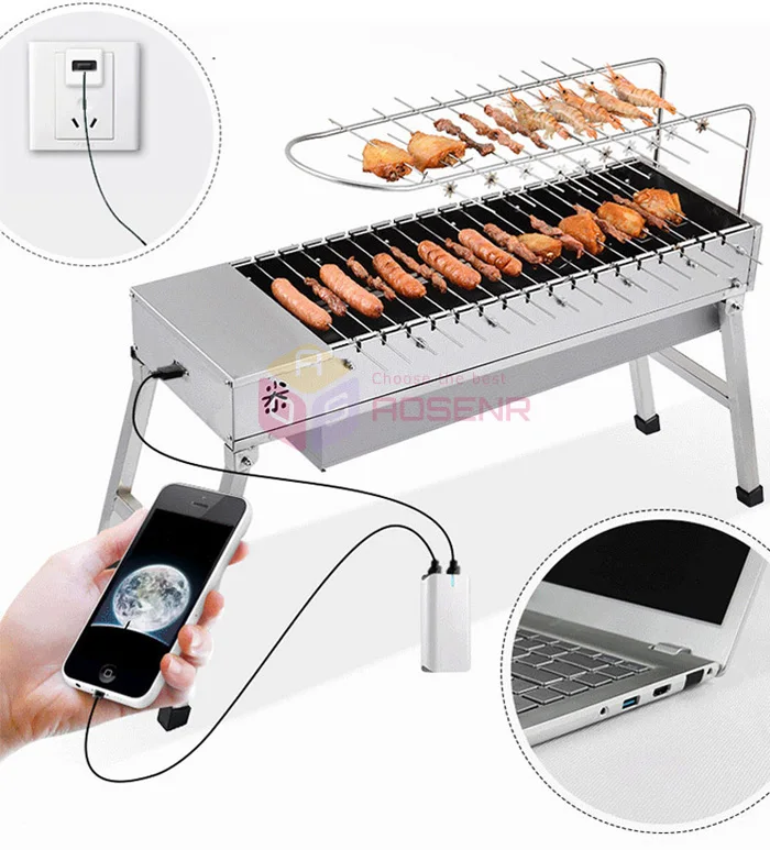 Складной гриль для барбекю электрический из нержавеющей стали с питанием от USB и
