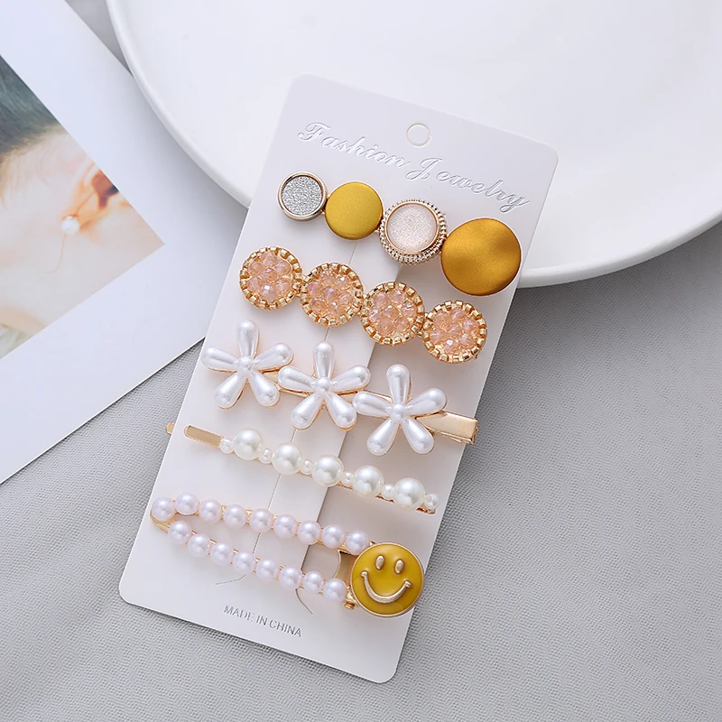 

5-piece set of yellow smiley face set ins net red hairpin pearl hairpin headdress girl word clip side clip bangs clip