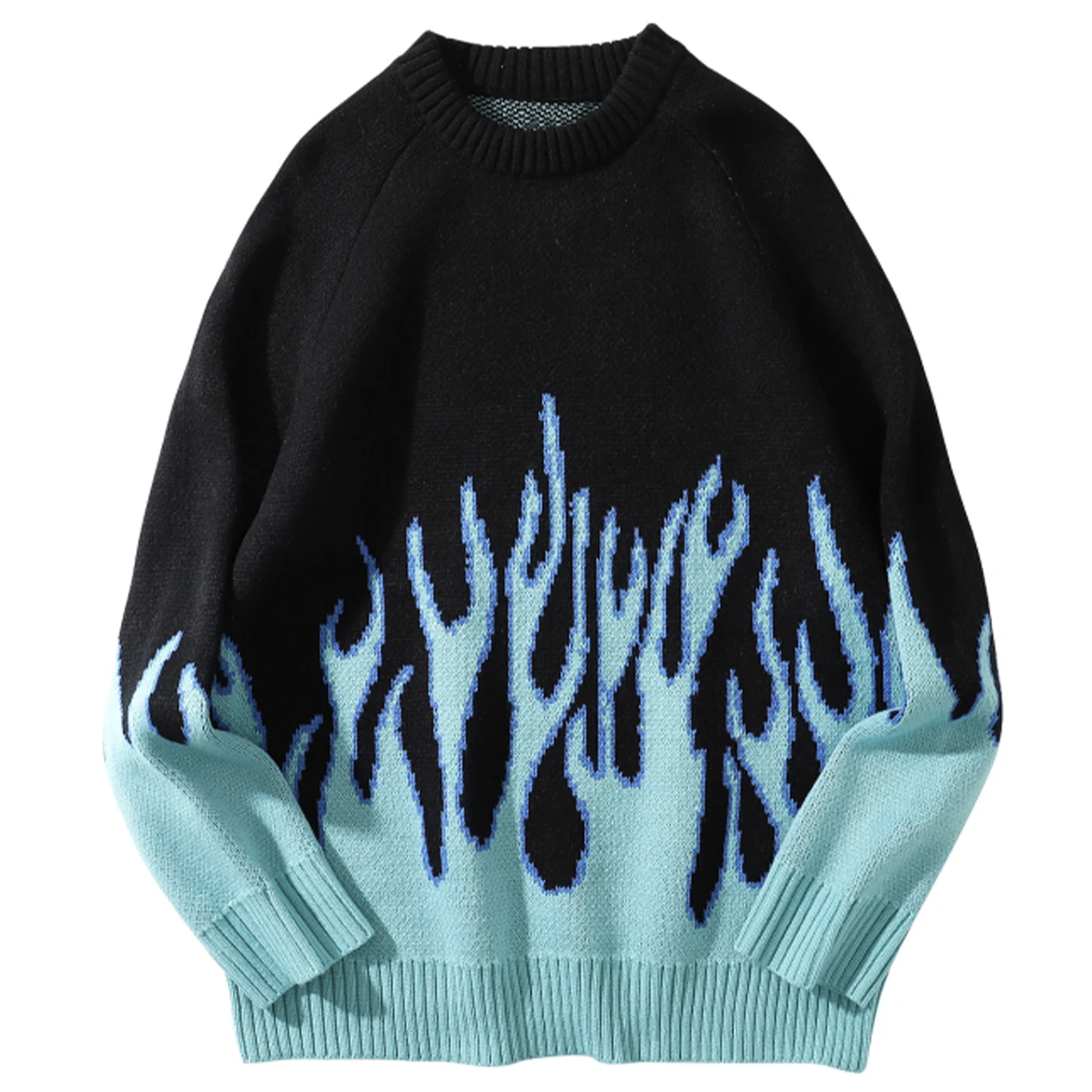 

Sweater Pullover Men Streetwear Blue Fire Flame Knitted Sweater Hip Hop Harajuku Tops Casual Couple Sweater Black