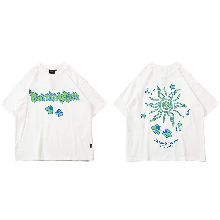 

Hip Hop Streetwear Harajuku T-Shirt Sun Puzzle Letter Printed Tshirt 2021 Men Summer Short Sleeve Cotton Loose Tops Tees Black