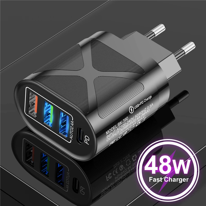

lovebay Quick Charge 4 Ports Quick Charger Adapter Charger Type C PD Plug For iPhone 12 Pro Max 11 EU US UK Wall Phone Chargers