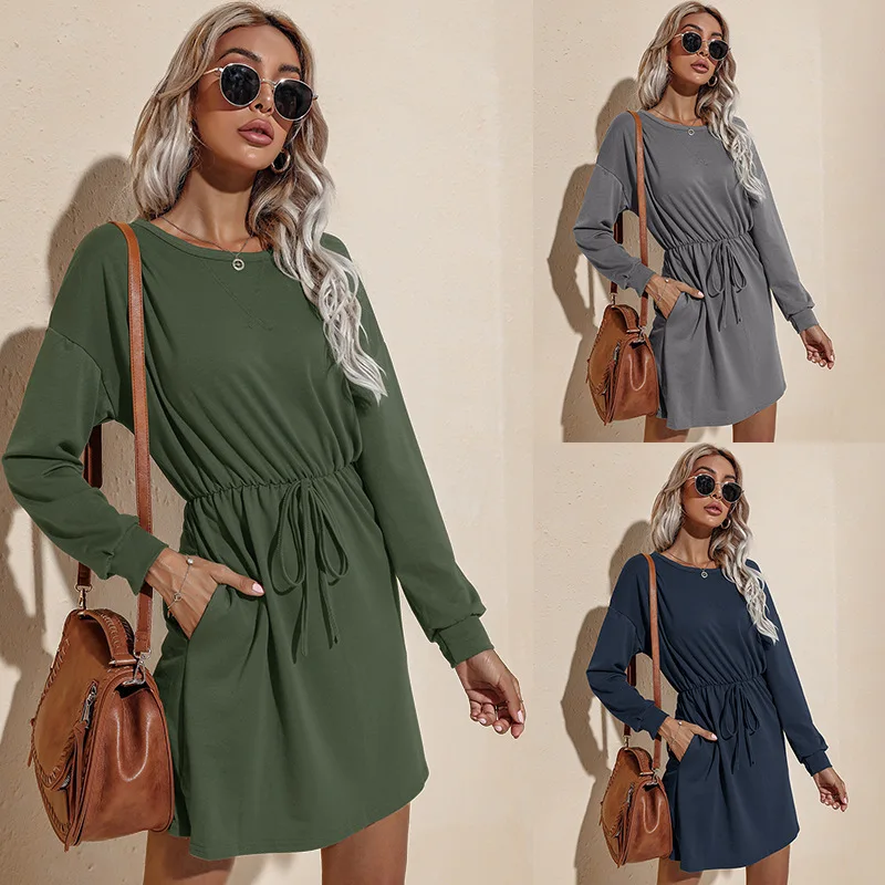 

2022 Autumn And Winter New Popular European And American Women's Long Sleeved Short Skirt Round Neck Solid Color Dress