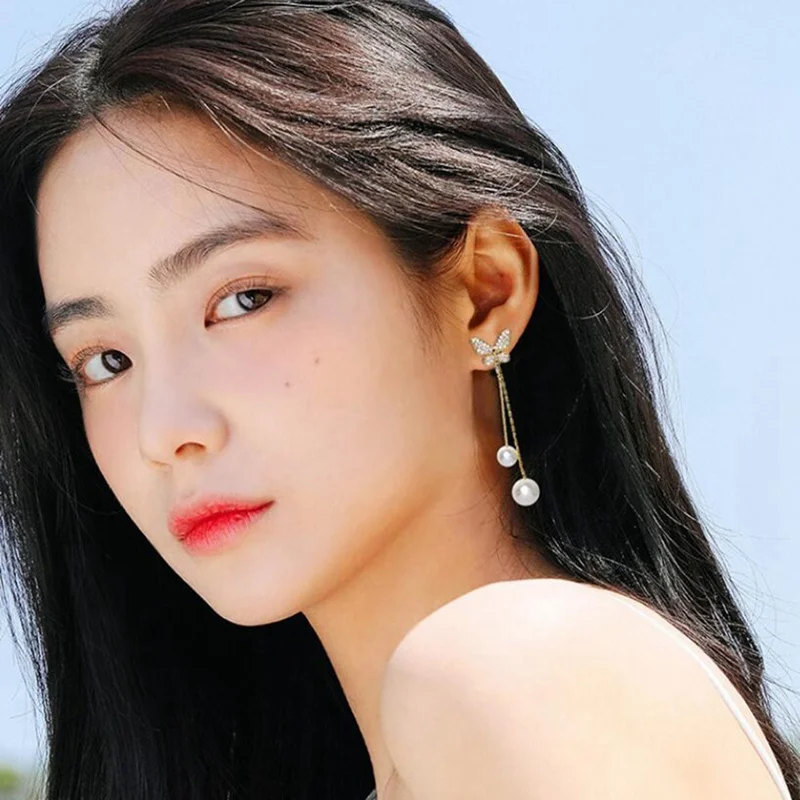 

2021 New Fashion Korean Version Of The New Sweet Temperament Fairy Butterfly Earrings Female Tassel Long Pearl Earrings Punk