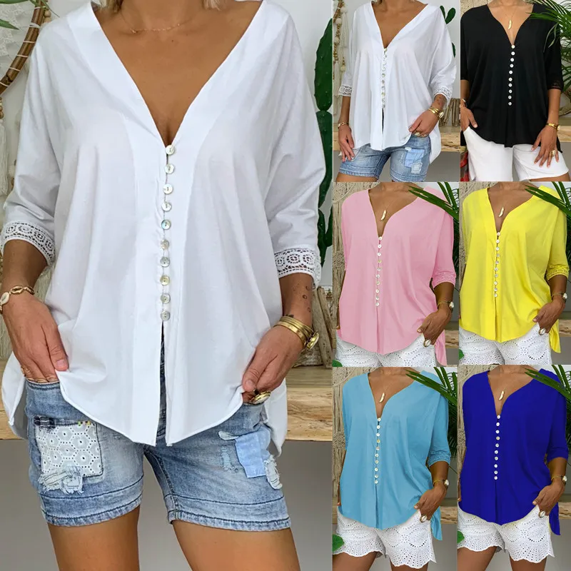 Женские блузки большого размера 2019 V шеи кнопки работы офиса Кружева