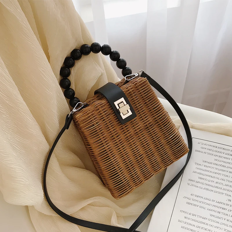 Высококачественная соломенная сумка с бусинами в стиле ретро пряжкой Женская