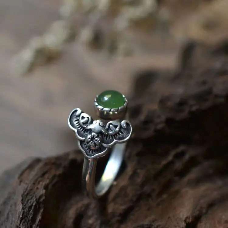 SNew silver inlaid Hetian jasper ethnic style retro original jewelry niche design neutral men and women opening adjustable ring | Украшения