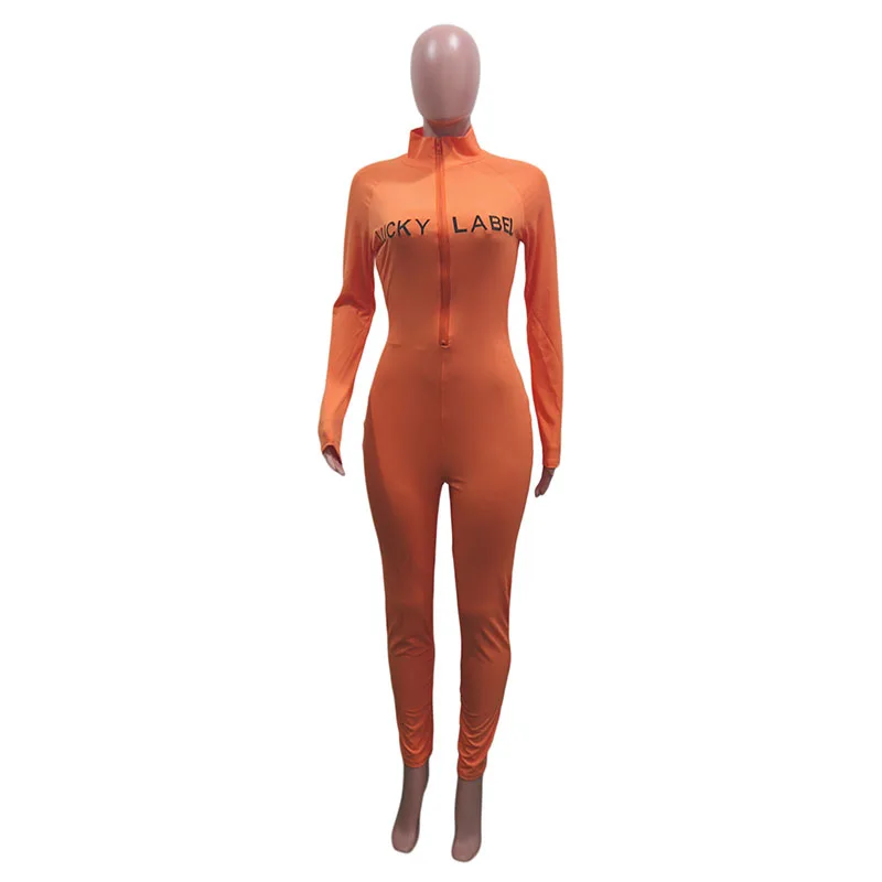 2021 Spring Women Lucky Label Jumpsuit Sexy Slim-fit Zipper Solid Color Letter Embroidery Rompers  Bodysuit Women