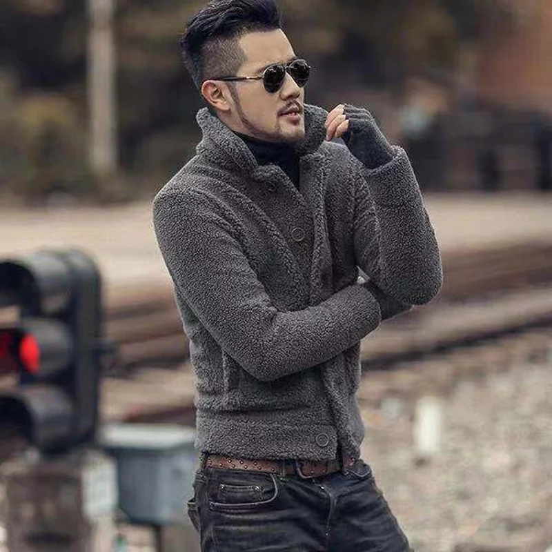 

Casual Men Fleece Jackets Coat Fashion Faux Fur Men's Jacket Streetwear 2021 Buttons Turn-down Collar Lamb Plush Short Jacket