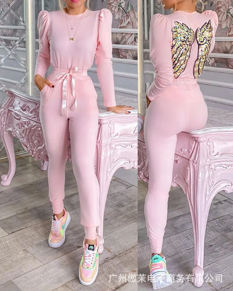 

Spot 2021 Autumn Women's New Pink Casual Wings Sequin Patch Suit Women's Two-piece Suit