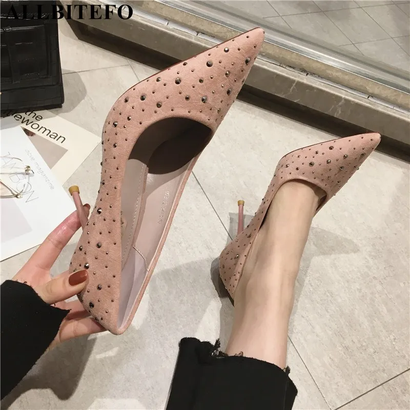 ALLBITEFO/Модная брендовая женская обувь из флока на высоком каблуке с заклепками