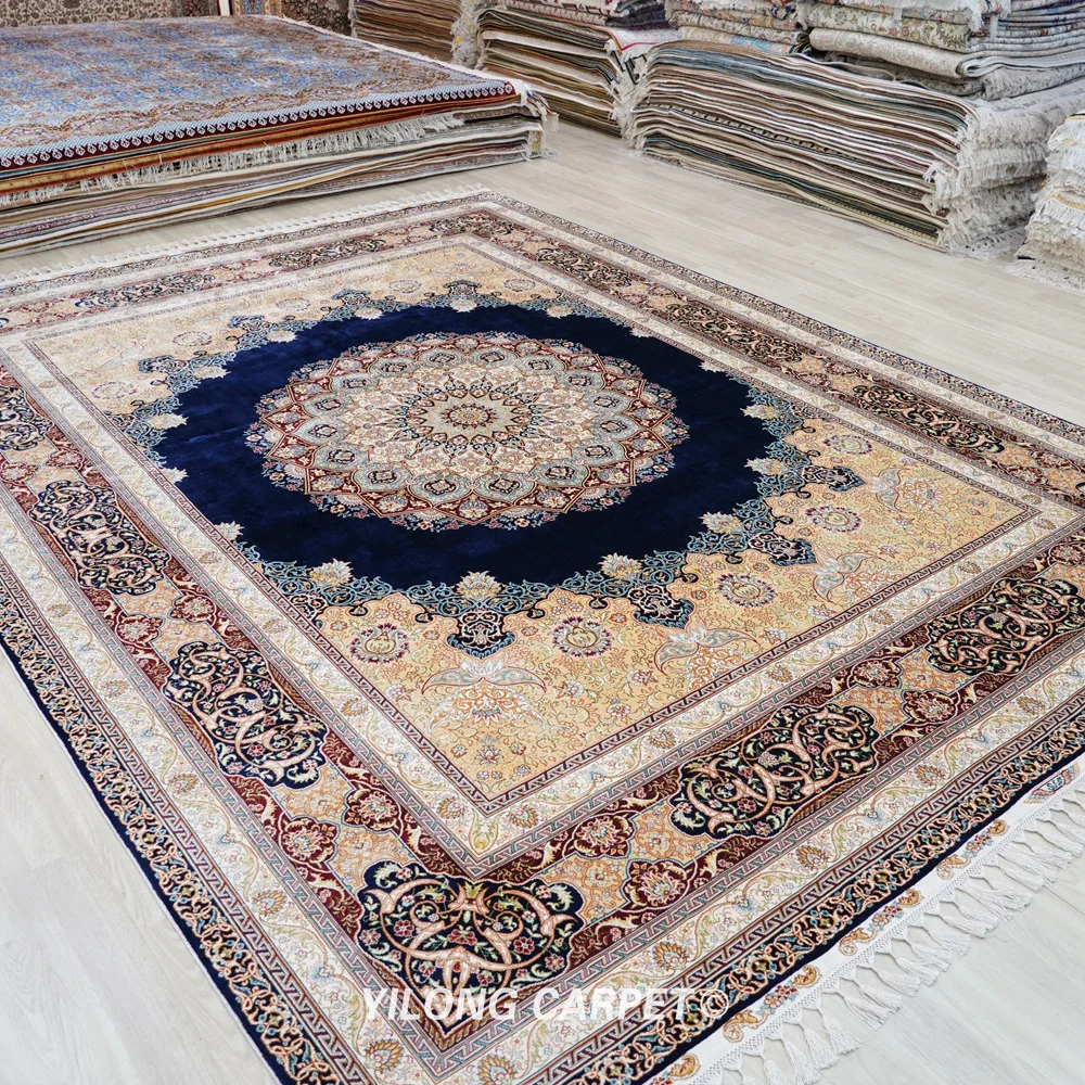 Yilong 9 'x 12 1' Qum Шелковый коврик большой синий персидский шелковый ковер ручной