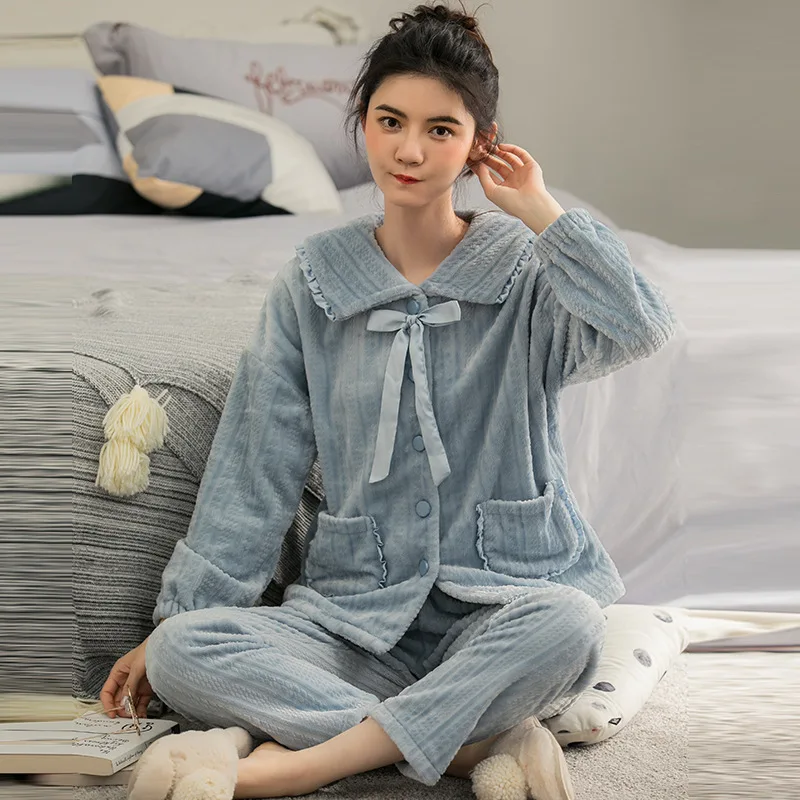 Flannel Pajamas Women Thicken Keep Warm Winter Tracksuit Korean Girls Outside Wear Coral Velvet Suits Sleepwear Two Piece Set
